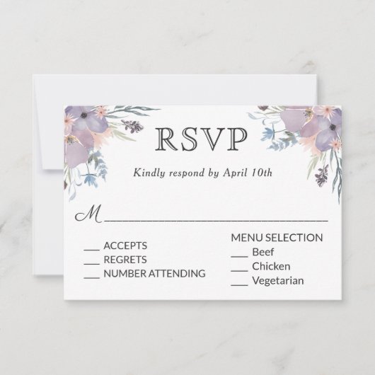 Violet Meadow Bruiloft RSVP met Menukeuzes Kaartje (Voorkant)