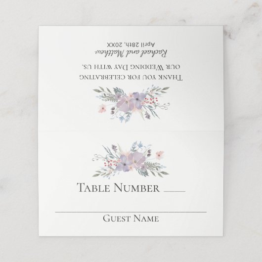 Violet Meadow Waterverf Bloemen Trouwtafel Plaatskaartje (Buitenkant ongevouwen)