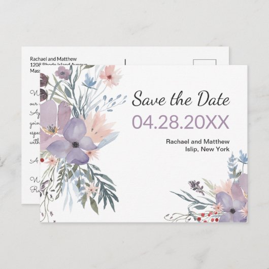 Violet Meadow Waterverf Floral Save the Date Aankondigingskaart (Voorkant / Achterkant)