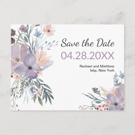 Violet Meadow Waterverf Floral Save the Date Aankondigingskaart (Voorkant)