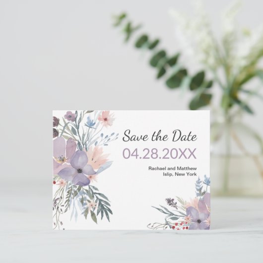 Violet Meadow Waterverf Floral Save the Date Aankondigingskaart (Staand voorkant)