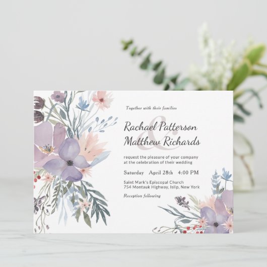Violet Meadow Waterverf Floral Weddenschap Kaart (Staand voorkant)