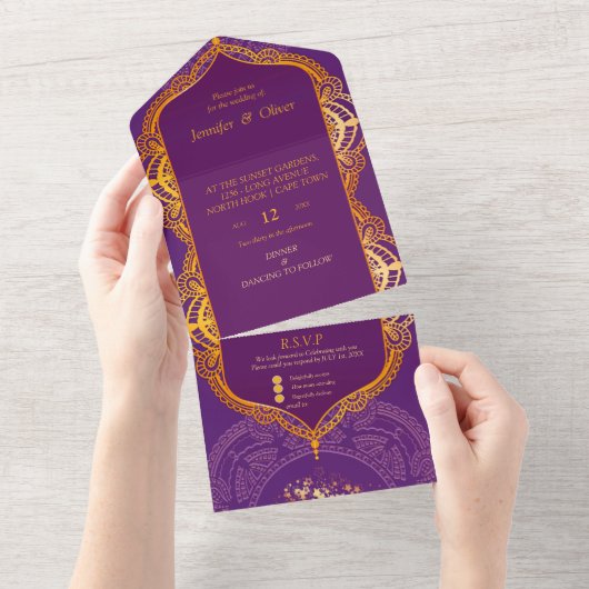 Violet met Gold Mandalas All In One Uitnodiging (Afscheurbaar)