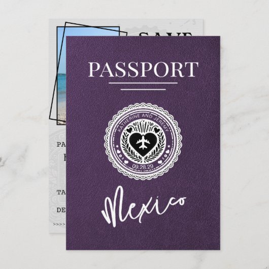 Violet Mexico Passport Bewaar de datum Save The Date (Voorkant / Achterkant)
