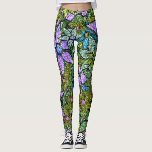 Violet Mint Green Floral Leggings (Voorkant)