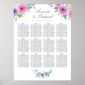 Violet Mix Waterverf Floral Wedding Seating Chart Poster (Voorkant)