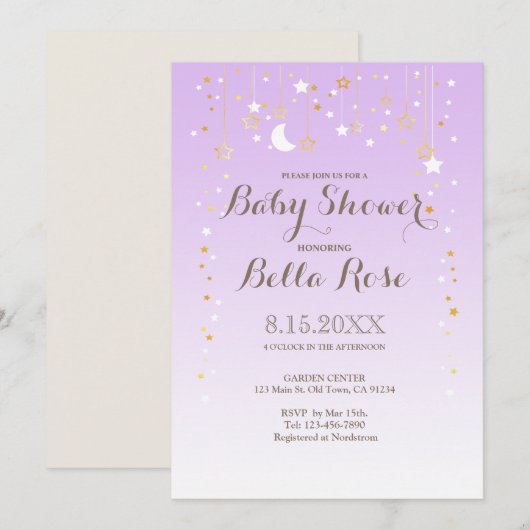 Violet Moon Star Girl Baby shower Uitnodigen Kaart (Voorkant / Achterkant)