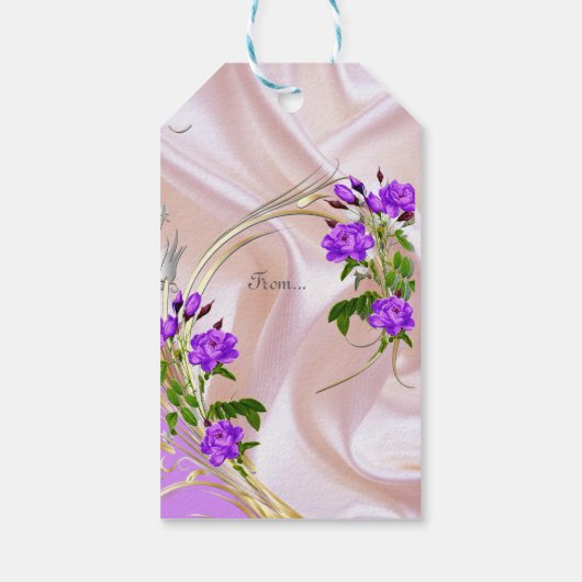 Violet Paars-Aquarel Rozen op Roze Zijde Cadeaulabel (Achterkant)