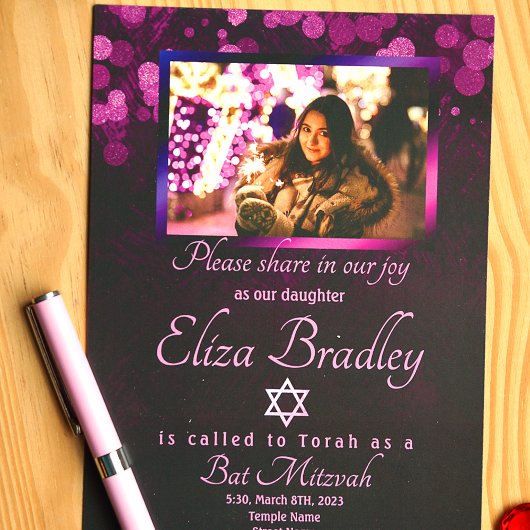Violet, Paars Bat Mitzvah Invite w/Star van David Kaart