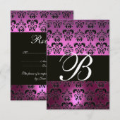 VIOLET PAARS BLACK DAMASK MONOGRAM RSVP wit (Voorkant / Achterkant)