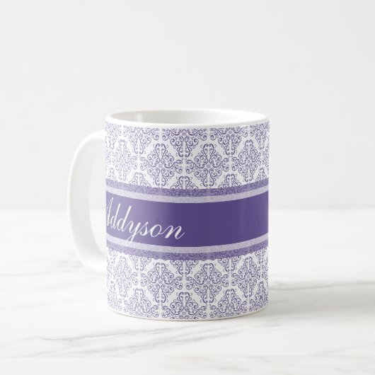 Violet Paars Damask Patroon - Aangepaste naam Koffiemok (Voorkant links)
