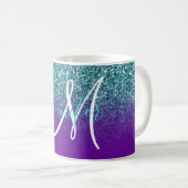 Violet Paars en Blauwgroen Ombre Glitter Monogramm Koffiemok (Voorkant rechts)