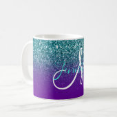 Violet Paars en Blauwgroen Ombre Glitter Monogramm Koffiemok (Voorkant links)
