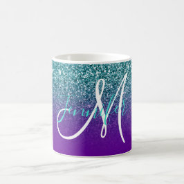 Violet Paars en Blauwgroen Ombre Glitter Monogramm Koffiemok