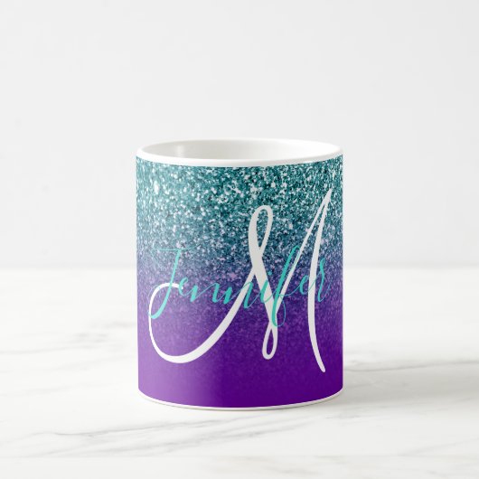 Violet Paars en Blauwgroen Ombre Glitter Monogramm Koffiemok (Center)
