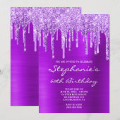 Violet Paars glitter en Folie Drip 60th Birthday Kaart (Voorkant / Achterkant)