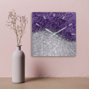 Violet Paars Glitter Silver Gray Velvet Eggplant Vierkante Klok