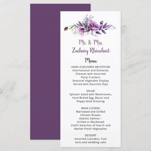 Violet Paars Lavender Floral Guest Name | Menu (Voorkant / Achterkant)