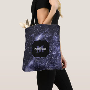 Violet paars peri zwarte abstracte melkweg Monogra Tote Bag