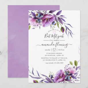 Violet Paars Poppy Floral Bat Mitzvah Kaart