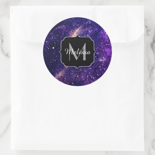 Violet paarse abstracte galaxy Custom Monogram Ronde Sticker (Tas)
