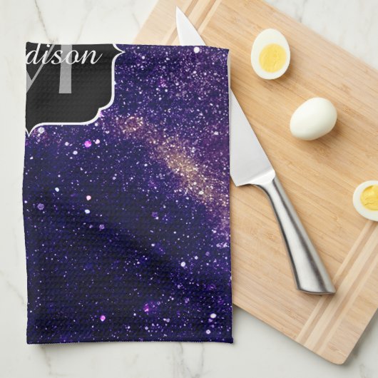 Violet paarse abstracte galaxy Custom Monogram Theedoek (Quarter Fold)