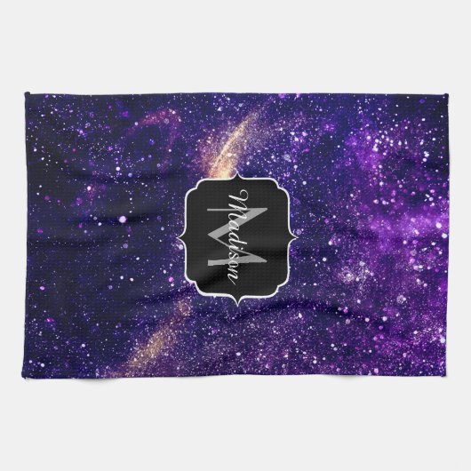 Violet paarse abstracte galaxy Custom Monogram Theedoek (Horizontaal)