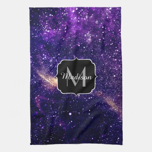 Violet paarse abstracte galaxy Custom Monogram Theedoek (Verticaal)