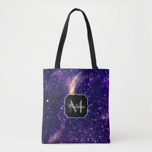 Violet paarse abstracte galaxy Custom Monogram Tote Bag (Voorkant)