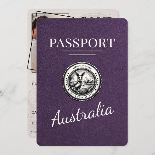 Violet Paarse Australië Paspoort Bewaar de datum Save The Date (Voorkant / Achterkant)