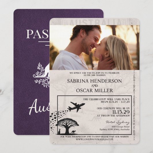 Violet Paarse Australië Passport Wedding Kaart (Voorkant / Achterkant)
