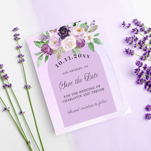 Violet paarse bloemen budget bruiloft opslaan de d flyer