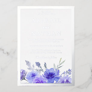 Violet Paarse Bloemen Huwelijk Zilveren Folie Gren Uitnodiging