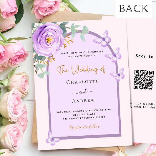 Violet paarse bloemenboog QR RSVP budget bruiloft