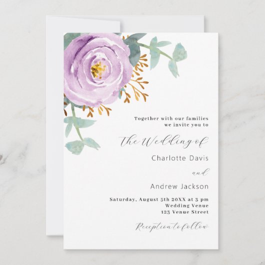 Violet paarse bloemengroen bruiloft kaart (Voorkant)