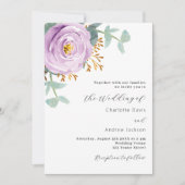 Violet paarse bloemengroen QR code RSVP bruiloft Kaart (Voorkant)