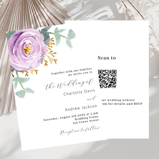 Violet paarse bloemengroen QR code RSVP bruiloft Kaart