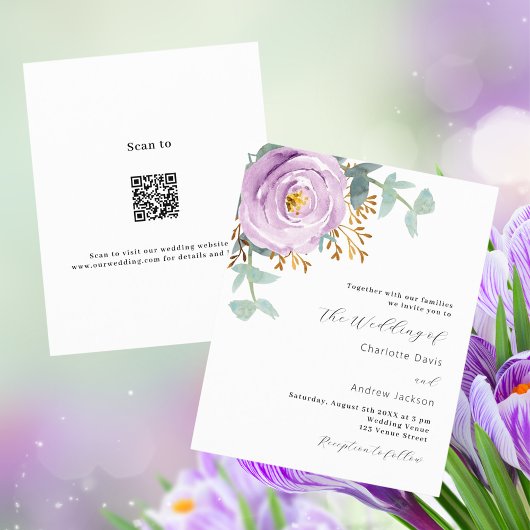 Violet paarse bloemenqr code RSVP budget bruiloft