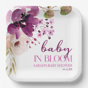 Violet Paarse bloemige Baby in bloei Baby shower Papieren Bordje