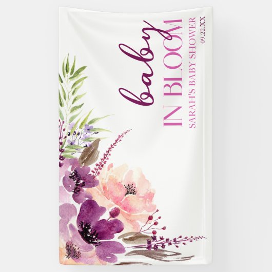 Violet Paarse bloemige Baby in bloei Baby shower Spandoek (Verticaal)