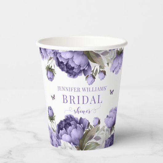 Violet paarse bloemige vrijgezellenfeesten papiere papieren bekers (Achterkant)