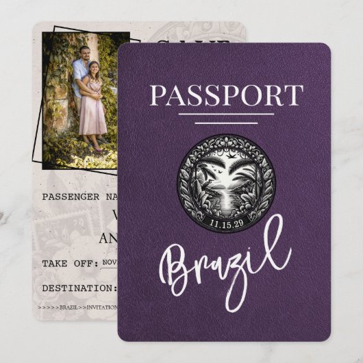 Violet Paarse Brazilië Paspoort Bewaar de datum Save The Date (Voorkant / Achterkant)