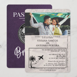 Violet Paarse Brazilië Paspoort Huwelijksuitnodigi Kaart
