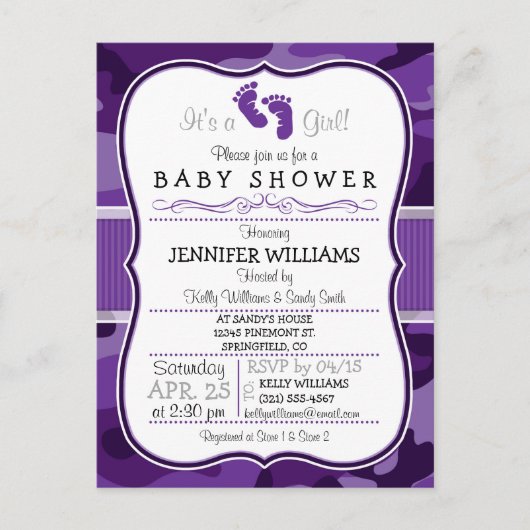 Violet Paarse Camo, Camouflage Baby shower Uitnodiging Briefkaart (Voorkant)