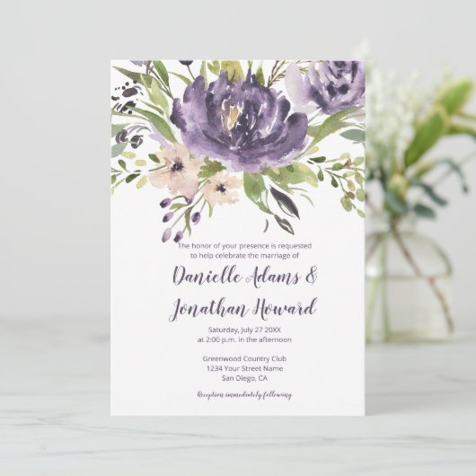 Violet Paarse en groene Waterverf bloemenbruiloft Kaart (Staand voorkant)
