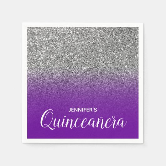 Violet Paarse en zilveren Glitter Ombre Quinceaner Servet (Voorkant)
