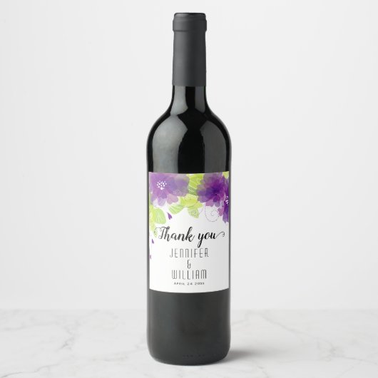 Violet paarse etherbloemen kalligrafie bruiloft wijn etiket (Voorkant)
