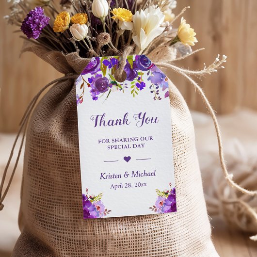 Violet Paarse Floral bruiloft Favor Dank je Cadeaulabel