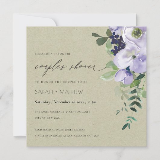 Violet Paarse Floral Kraft Couples Shower Invite Bedankkaart (Voorkant)