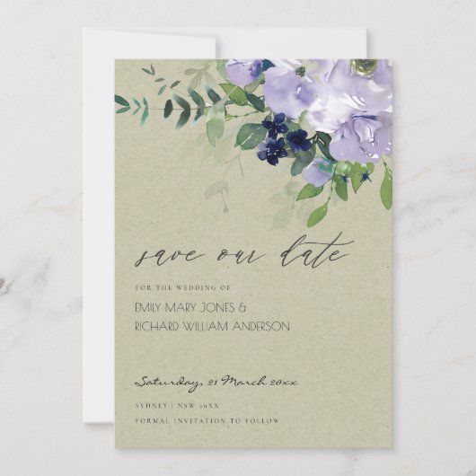 Violet Paarse Floral Kraft Save the Date Invite Bedankkaart (Voorkant)